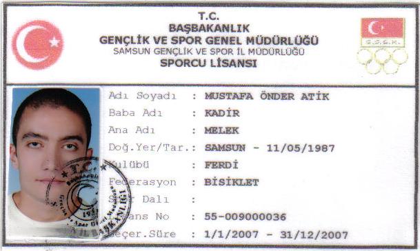 Mustafa Önder Atik'in 2007 bisiklet lisansı ve sporculuk belgelerinden bir görüntü